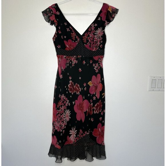 Y2K Whimsigoth New York & Co Flutter Sleeve Dress Size 10 Black Floral - Picture 1 of 12
